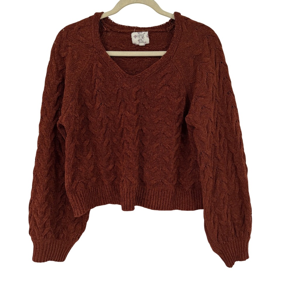 Hippie Rose Sweater Large Rust Brown Cable Knit V-Neck Cropped Fall Sweater Boho
